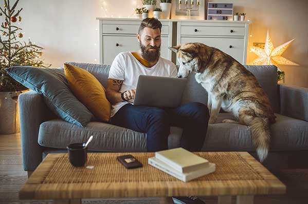 A man on a couch using his laptop with his dog next to him