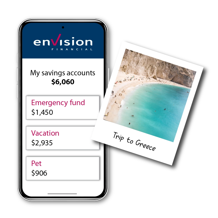 image of banking app and photo of a beach